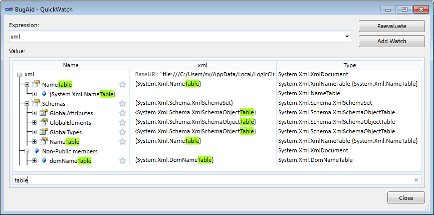 BugAid QuickWatch window
