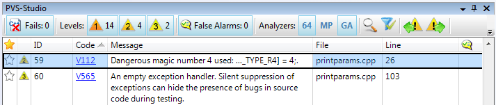 PVS-Studio analysis results tool window in Visual Studio 2008