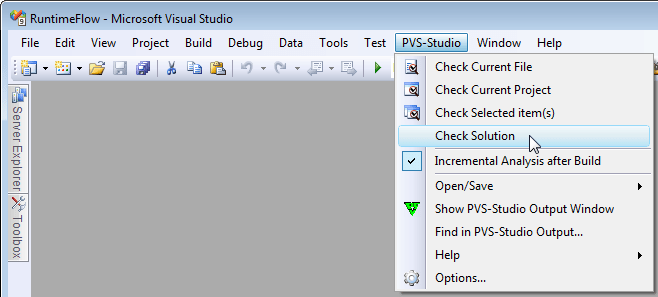 PVS-Studio menu in Visual Studio 2008