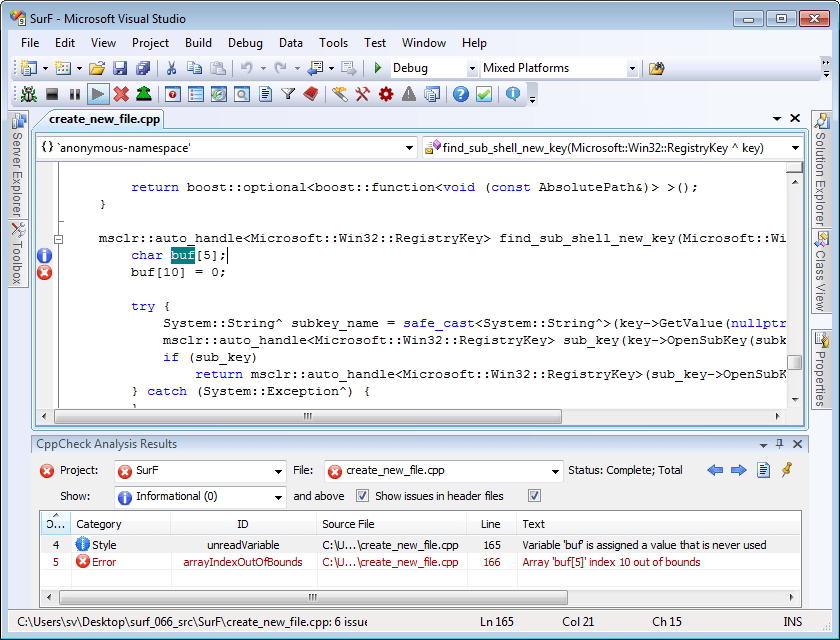 Visual Lint shows CppCheck analysis results in Visual Studio 2008
