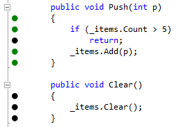 Black dots for lines not covered by tests