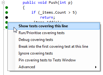 Context menu commands for a line of code covered by tests