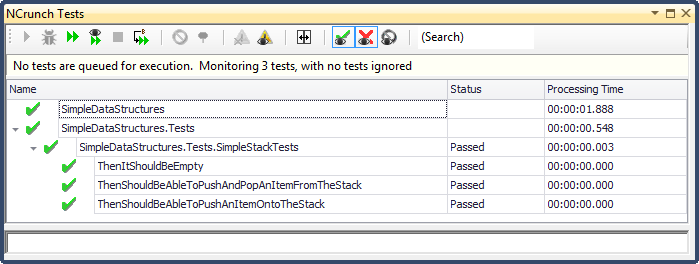 NCrunch Tests tool window with the current tests status