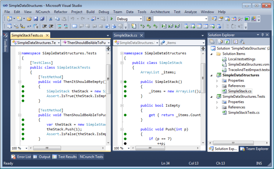 Passed test results in the Visual Studio 2010 editor