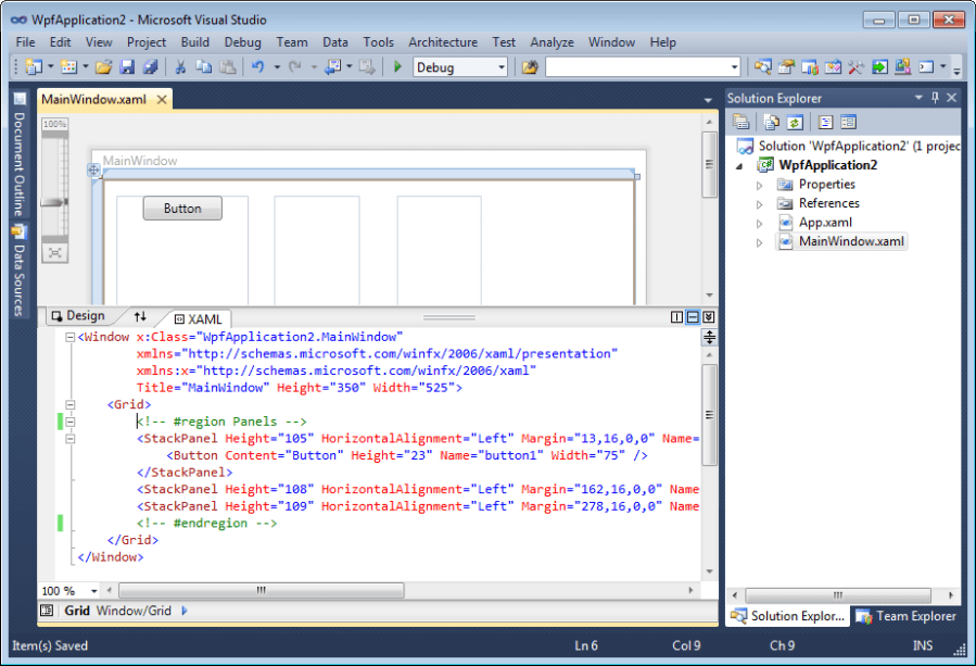 Region definition in comments for XAML editor in Visual Studio 2010