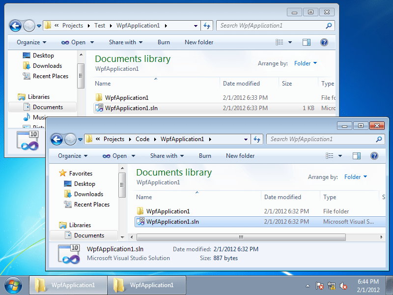 Two WpfApplication1 solutions in different folders
