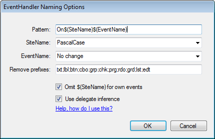 EventHandler Naming Options dialog