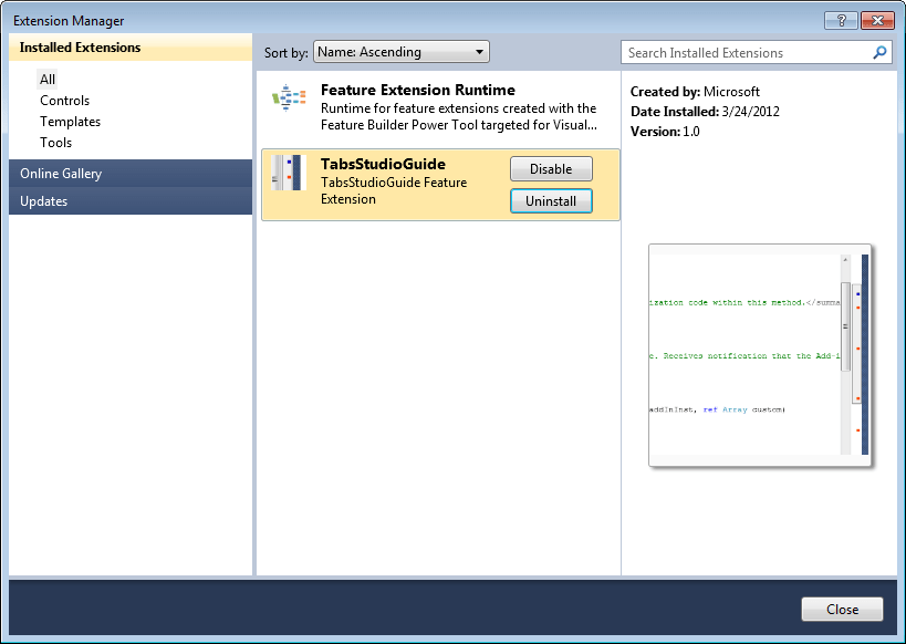 Extension Manager with the TabsStudioGuide extension installed Extension Manager with the TabsStudioGuide extension installed