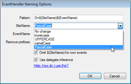 Site and event name case options