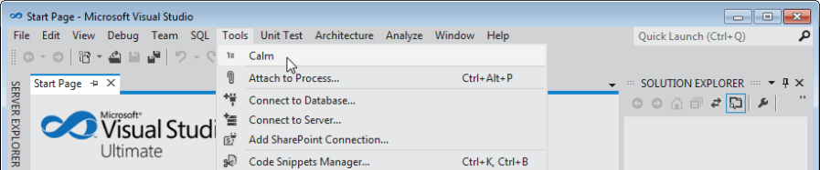 The Calm command in the Visual Studio Tools menu