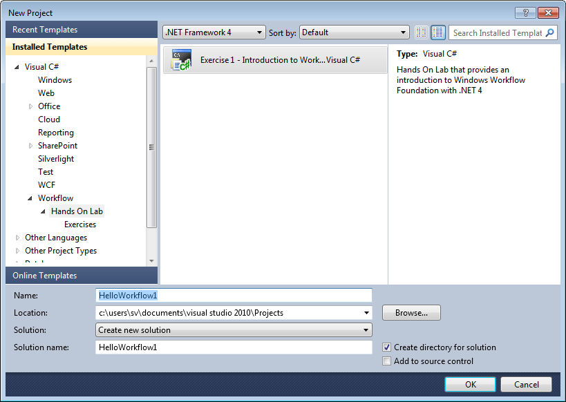 The new project dialog for a Hands On Lab exercise The new project dialog for a Hands On Lab exercise
