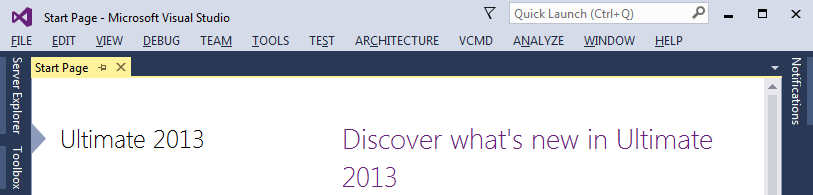 Hidden Feedback and Sign in buttons in the main Visual Studio 2013 window
