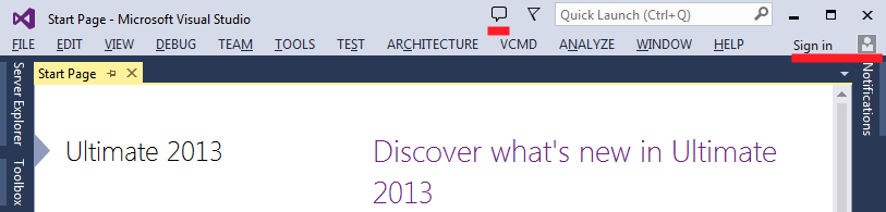 Feedback and Sign in buttons in the main Visual Studio 2013 window
