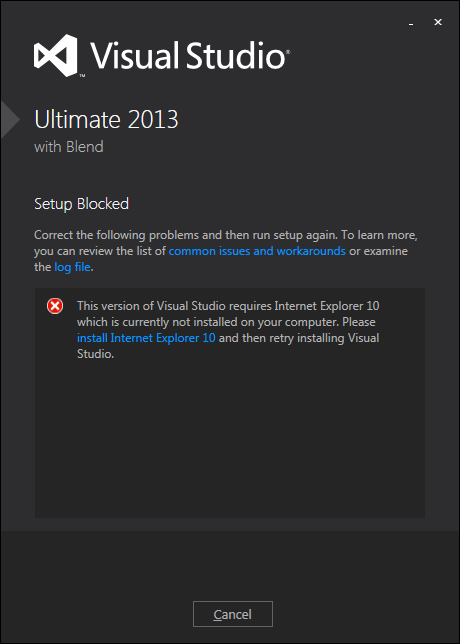 Visual Studio 2013 requires Internet Explorer 10