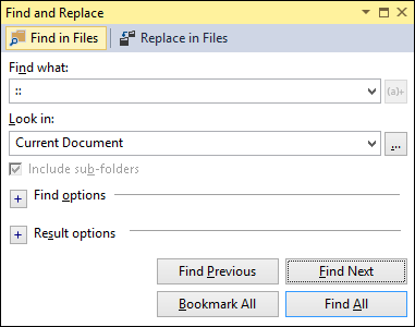 Find and Replace dialog in Visual Studio 2013