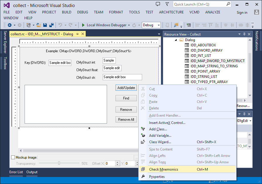 Check Mnemonics command for native dialog designer in Visual Studio 2013