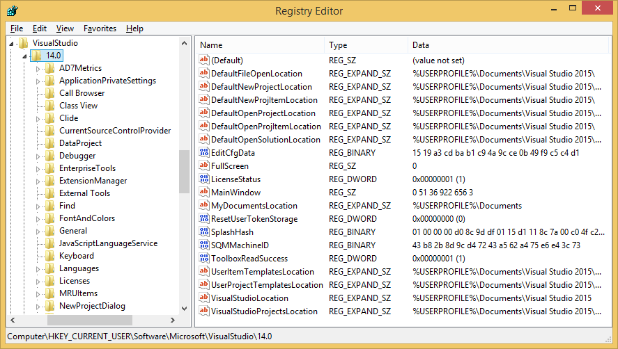 Visual Studio 2015 registry settings